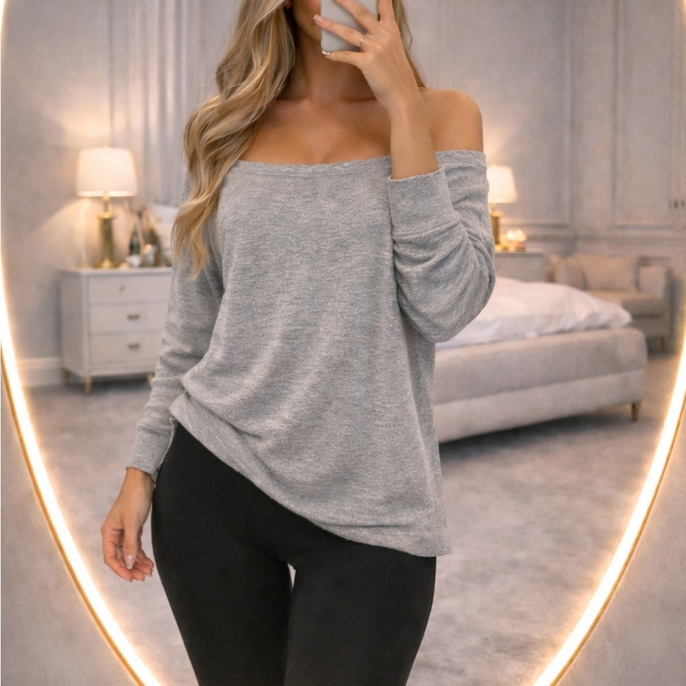 Off-Shoulder Cozy Knit Sweater - Light Gray